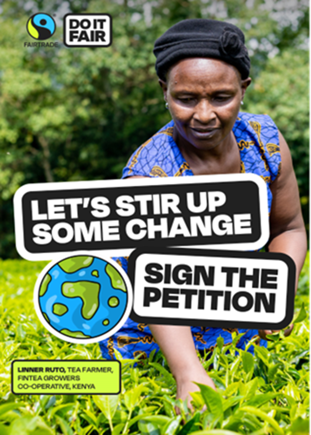 woman in blue dress picking tea with caption "Let's stir up some change" an "Sign the petition"
