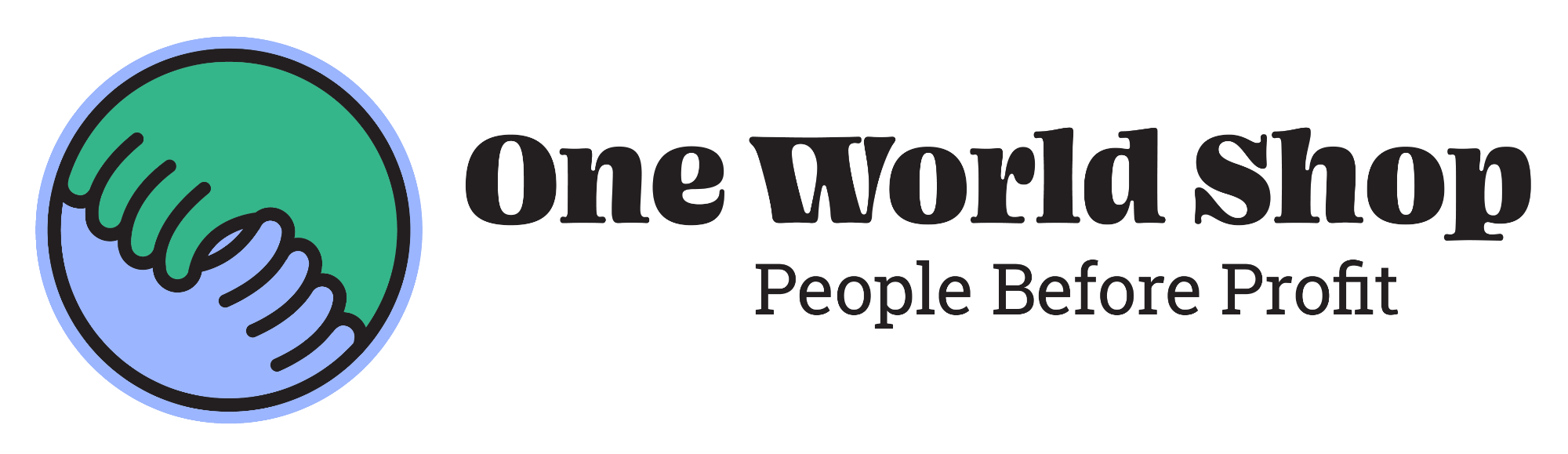 a green hand clasping a blue hand in a circle plus text : One World Shop -People Before Profit.